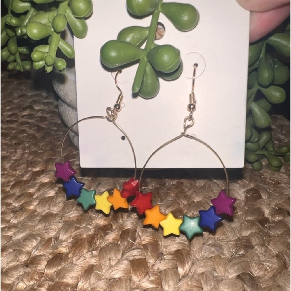 Rainbow Stars on a Hoop Dangle Earrings